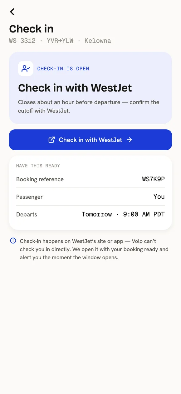 Online check-in screen — check-in is open for a WestJet flight