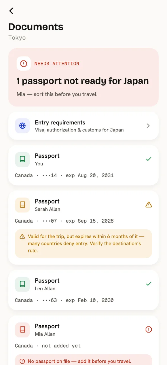 Documents screen flagging a passport expiring within six months and a missing passport