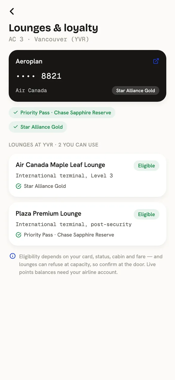 Lounges and loyalty screen showing eligible lounges